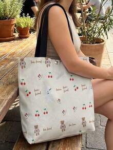 1pc Cartoon Bear & Cherry Print Canvas Tote Bag, Snap Button Large Capacity Shoulder Handbag, Casual Shopping Commuting School Daily Carry Bag - White - View 5