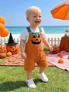 Mono de Halloween para niño pequeño con bolsillos, mono sin mangas de canalé - Naranja - Ver 6