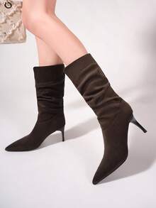 Women's Ruched Boots, Solid Color Stiletto High Heel Mid-Calf Boots, Autumn/Winter Riding Boots, Fashion Boots - Brown - View 1