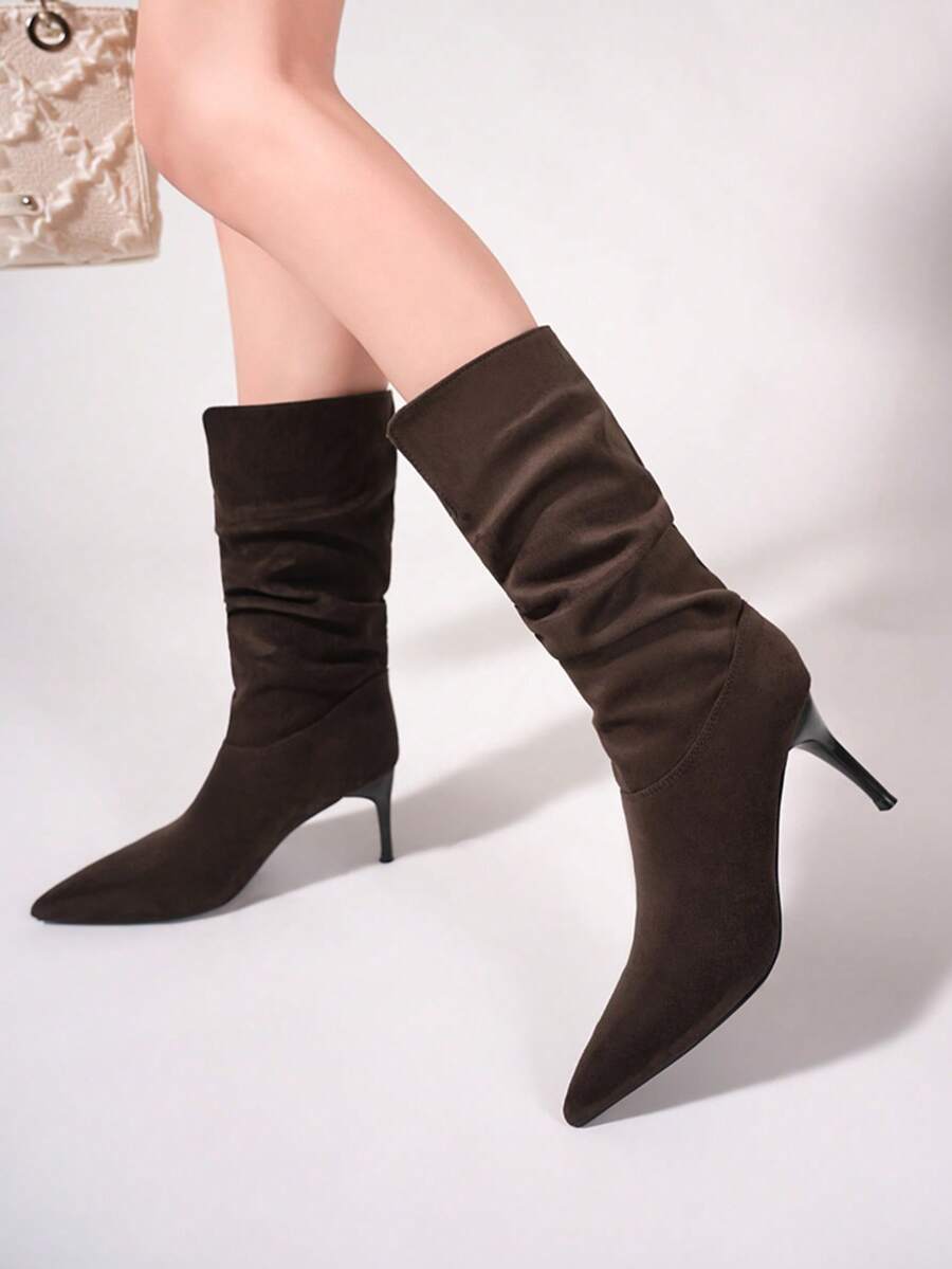 Women's Ruched Boots, Solid Color Stiletto High Heel Mid-Calf Boots, Autumn/Winter Riding Boots, Fashion Boots - Brown - View 1