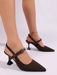 Zapatos de tacón alto con punta puntiaguda y tira trasera de punto marrón para mujer, mocasines sin espalda con hebilla de metal y tacón de aguja, sandalias de tacón acampanado vintage francés con punta cerrada, zapatos de moda versátiles de bajo empeine para ir al trabajo, zapatos elegantes y estilizados para fiestas de mujer - Marrón - Ver 3