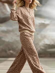 2026 Women's Autumn/Winter Lazy Relaxed Style Knit Loose Two Pieces Set, Coffee-Colored Leopard Print Knit Loose Round Neck Long Sleeve Top + Wide Leg Pants Leopard Print Set, Suitable For Commuting, Casual, Daily Commuting, Street Outings, Workplace Commuting, Shopping, Dating And Other Occasions. - Multicolor - View 3