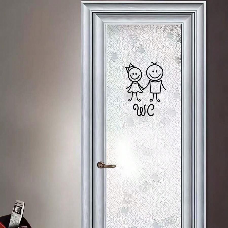 1pc Minimalist Style Wall Sticker. 17*13cm Self‑Adhesive PVC Material Decal, Simple Line Drawing Boy Girl Stick Figure We Letter Pattern, Household Home Decor For Cafe Bedroom Restroom Glass Door Art Decoration. - Multicolor - View 1