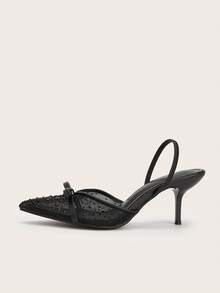 Middle East Mule Shoes Apricot Woven Pointed Toe Closed Toe Open Back Slingback Thin Heel High Heels - Black - View 6