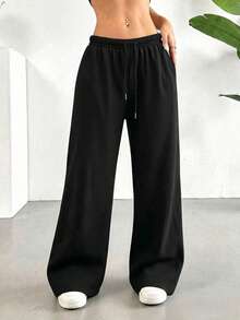 Celana Panjang Wanita Model Flare Warna Hitam Bahan Polyester, Elastisitas Sedang, Cocok untuk Kenyamanan Sehari-hari. - Hitam - View 2