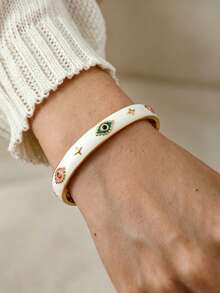 Open Cuff Bangle Set With Evil Eye Enamel And Rhinestone Decor, Bohemian Vintage Bracelet, Suitable For Daily Wear, Holiday Travel And Party Occasions, Stackable Design For Versatile Styling, Popular Fashion Accessory, Perfect For Anniversary And Holiday Gifts - Yellow Gold - View 4