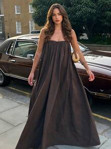 Vuslat Women's Summer Deep Coffee Solid Color Elastic Ruched Strapless Straight Neckline Draped Loose Floor-Length Dress With Large Hem, - Dark Brown - View 6