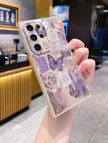 1pc Purple Butterfly Illustration Newspaper Camera Anti-Drop Phone Case UV Printed Compatible With Samsung/Galaxy/ Android Models - Beige - View 6