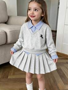 Girls' 2-Piece Set With 2 In 1 Shirt Collar Sweatshirt And Pleated Skirt, Spring/Autumn Children's Academy Style - Light Grey - View 2