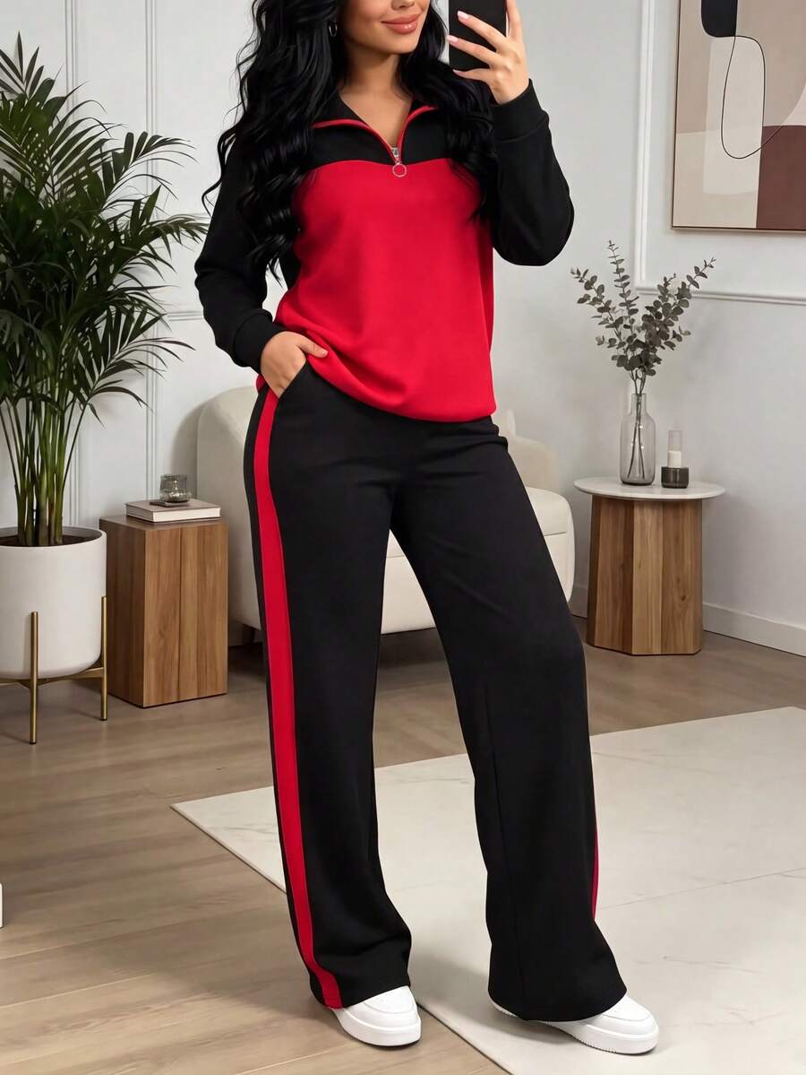 Setelan Kasual Wanita, Atasan Longgar Berkerah dan Celana Panjang Lebar 2 Potong, Elegan untuk Musim Gugur/Musim Dingin/Musim Semi - Hitam + Merah 24 - View 1
