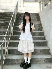 女款波點休閒百搭日常穿著裙 白色 - 白色 - 查看 1