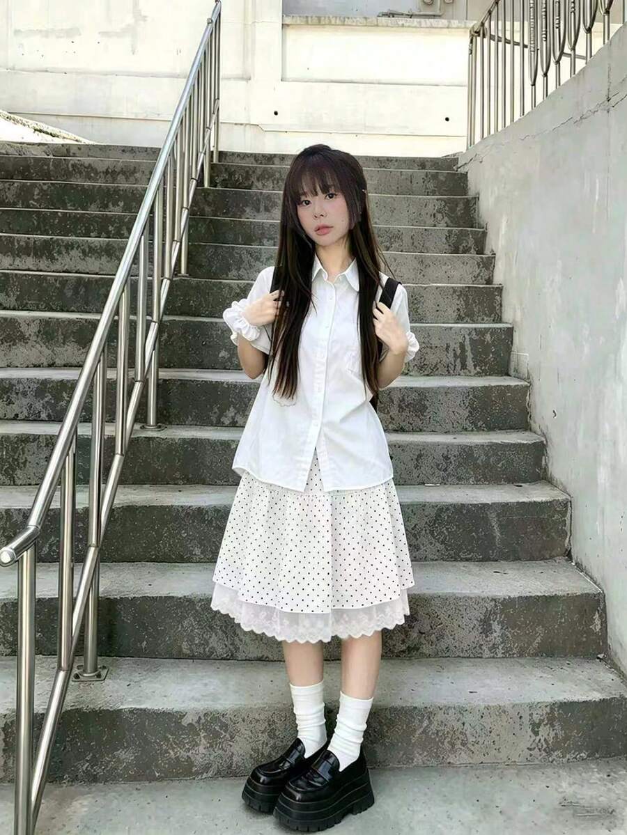 女款波點休閒百搭日常穿著裙 白色 - 白色 - 查看 1