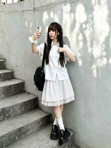 女款波點休閒百搭日常穿著裙 白色 - 白色 - 查看 4