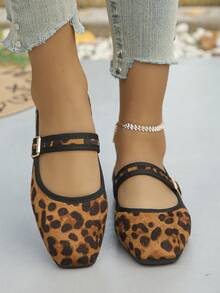 WideFit Women's Leopard Print Plus Size Wide Toe Box Buckle Strap Ballet Flats, Elegant Style, Spring/Summer Daily Outdoor Commute Leopard Pattern Mary Jane Shoes, Random Pattern - Brown Leopard Print - View 4