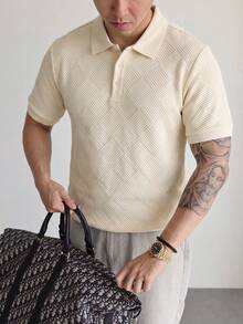 Men's Textured Diamond Pattern Short Sleeve Polo Shirt, Loose Fit Suitable For Casual And Business Casual Occasions - Apricot - View 3