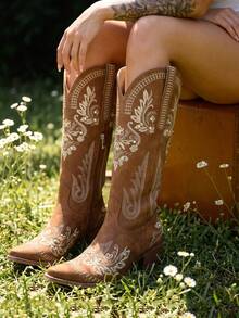 Embroidery Cowgirl Western Boots Chunky Heels Zip Retro Luxury Casual Mid Calf Red Women Ridding Shoes Fashion Wedding Boots - 棕色 - 查看 1