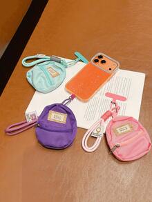 1pc Cute Mini Coin Purse With Phone Lanyard, Woven Contrast Color Wrist Strap, Short Handle, Portable Compact Pendant Key Bag, Bluetooth Earphone & Sundries Storage Pouch - Multicolor - View 2