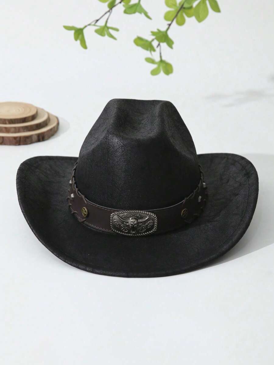Sombrero Vaquero Unisex de Ala Ancha con Hebilla de Cabeza de Toro, Estilo Western Retro para Hombre y Mujer, Ideal para Rodeo, Fiestas y Festivales - Negro - Ver 1