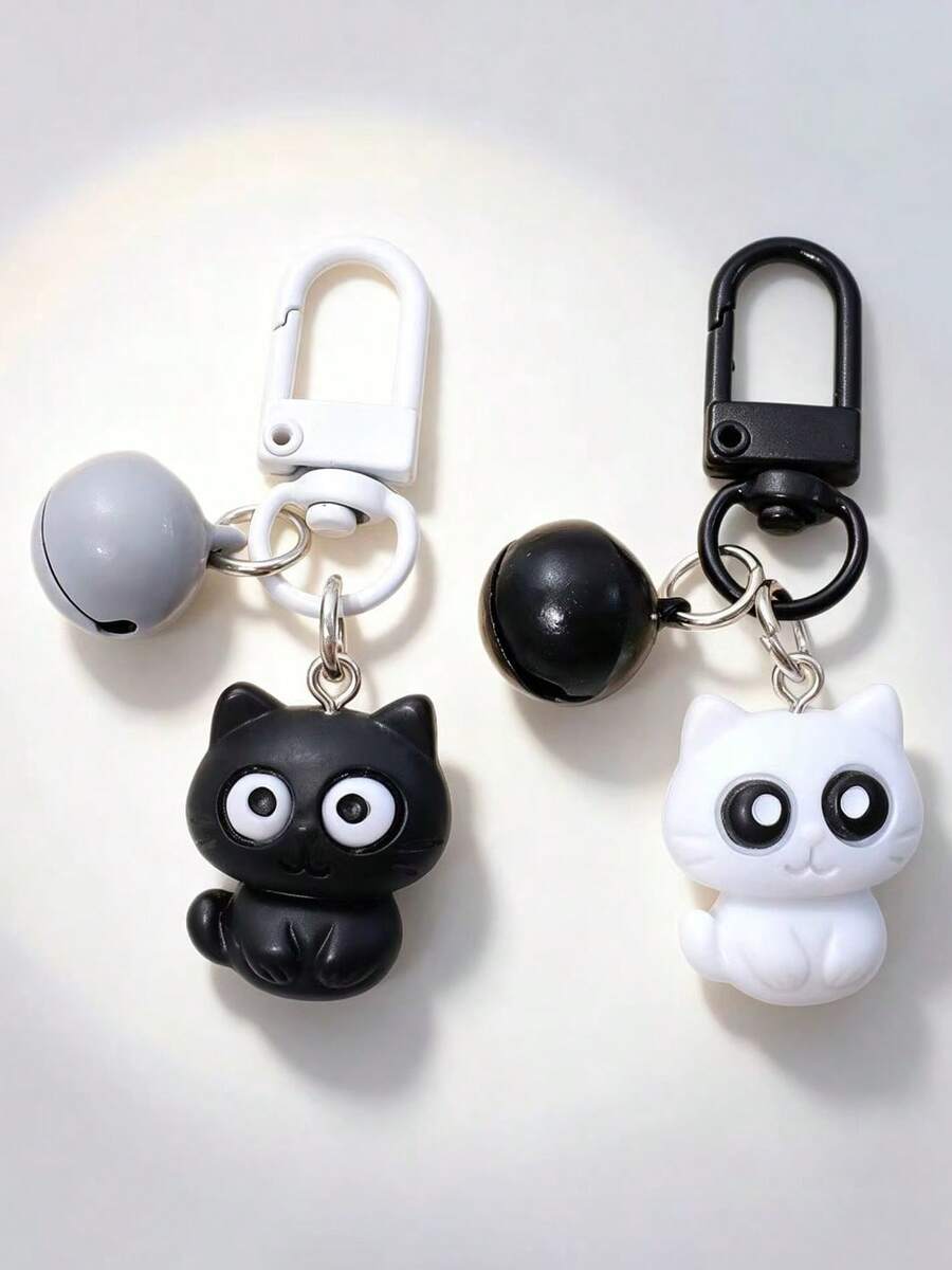 2pcs Fashionable Black And White Cat Keychain, Backpack And School Bag Pendant, Phone Case Pendant, Gift For Girls, Small Gift For Friends - Black and White - View 1