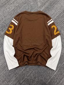 Lurzo Teen Boy Y2K Street 2-In-1 Long Sleeved T-Shirt, Oversized 23 Digit Printed Brown T-Shirt, Hip-Hop Casual Top, Casual Back To School Sportswear - Brown - View 5