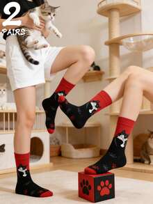 1/2/5 Pairs Women's Red Cat Mid-Calf Socks, Fashionable Unique Niche Soft Comfortable Cartoon Design For Daily Wear - Multicolor - View 12
