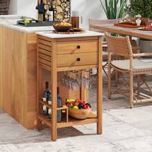 Patio Acacia Wood Storage Cabinet Patio Buffet Cabinet Bar Table With Faux Marble Countertop - Default - View 2