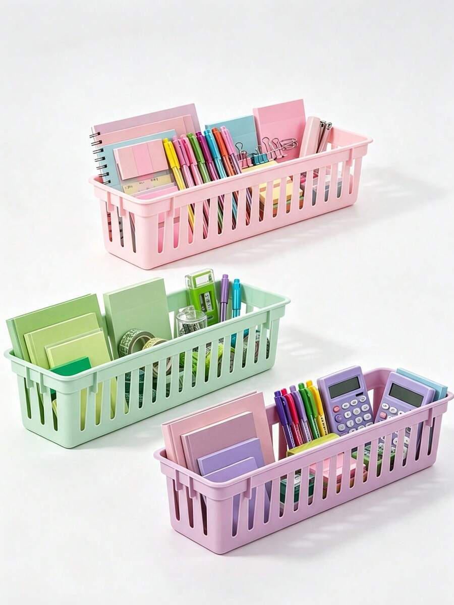 1/2/3/6pcs Classroom Pencil Storage Basket, Plastic Stationery Organizer 25.5x7.5x6cm, Colorful Pen Holder Storage Box, Suitable For Teachers, Students, Home Study And Office - Multicolor - View 1