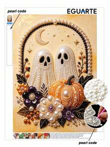 1pc/3pcs Pearl Painting Set Halloween Ghost Round Half Pearl Rhinestone Art Craft For Adults Home Wall Decoration Surprise Holiday Gift, Unframed - No Frame - View 4