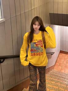 Fashionable Women's Car Star Letter Print Design T-Shirt, Long Sleeve, Loose Street Style Casual Top For Autumn - Yellow - View 4