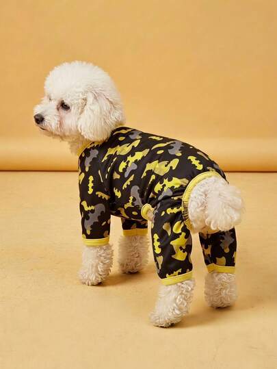 Batman X PETSIN 1pc Yellow Bat Print Pet Jumpsuit Contrasting Color Spring And Autumn Gentle Breathable Pet Jumpsuit