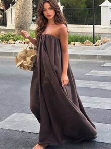 Vuslat Women's Summer Deep Coffee Solid Color Elastic Ruched Strapless Straight Neckline Draped Loose Floor-Length Dress With Large Hem, - Dark Brown - View 1