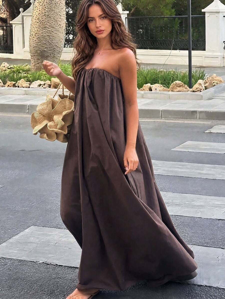 Vuslat Women's Summer Deep Coffee Solid Color Elastic Ruched Strapless Straight Neckline Draped Loose Floor-Length Dress With Large Hem, - Dark Brown - View 1