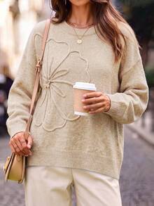 Women's Crewneck Knit Sweater Pullover, Long Sleeves And Regular Hem, Soft Slight Stretch Fabric With Statement Flower Detail Fall - Camel - View 4