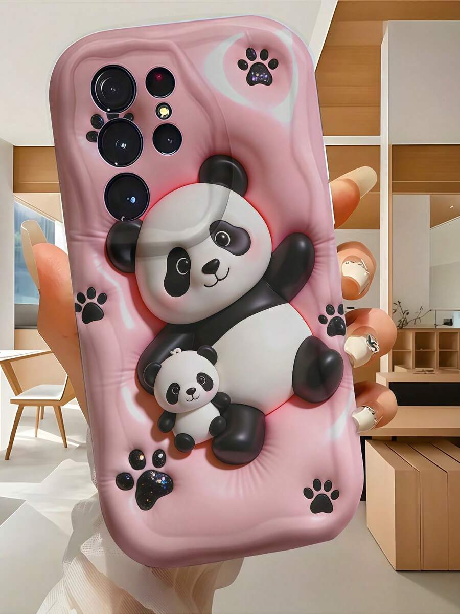 1件奶油大波浪Ins風極簡溫柔可愛粉色波浪3D母子熊貓印花手機殼,乳白色波浪紋理全包覆軟鏡頭殼,適用於系列手機 - 白色 - 查看 1