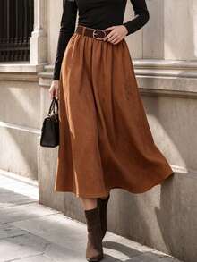 Elegaris Women Fall Faux Suede Midi Skirt Elastic High Waist Pleated A‑Line Flowy Swing Skirt, Belt Not Included - Burnt Orange - View 1