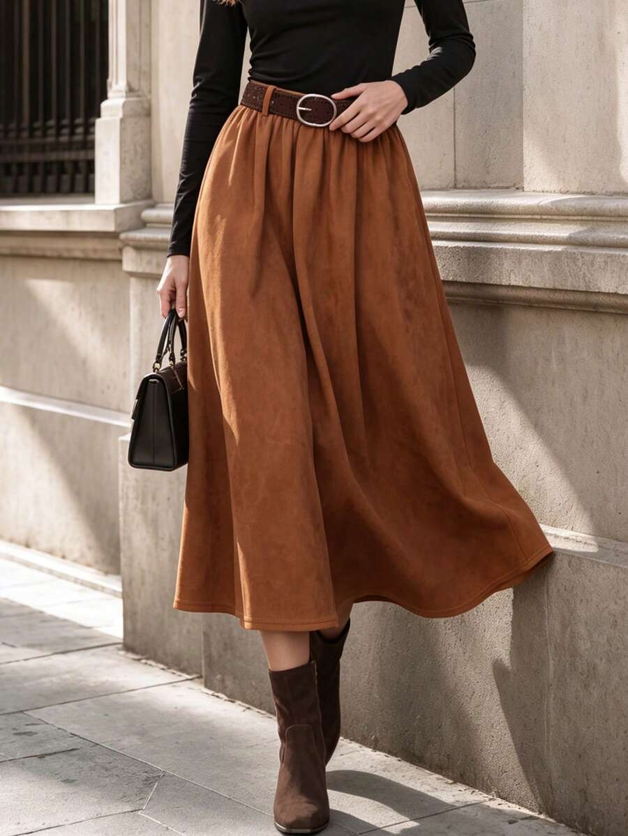 Elegaris Women Fall Faux Suede Midi Skirt Elastic High Waist Pleated A‑Line Flowy Swing Skirt, Belt Not Included - Burnt Orange - View 1