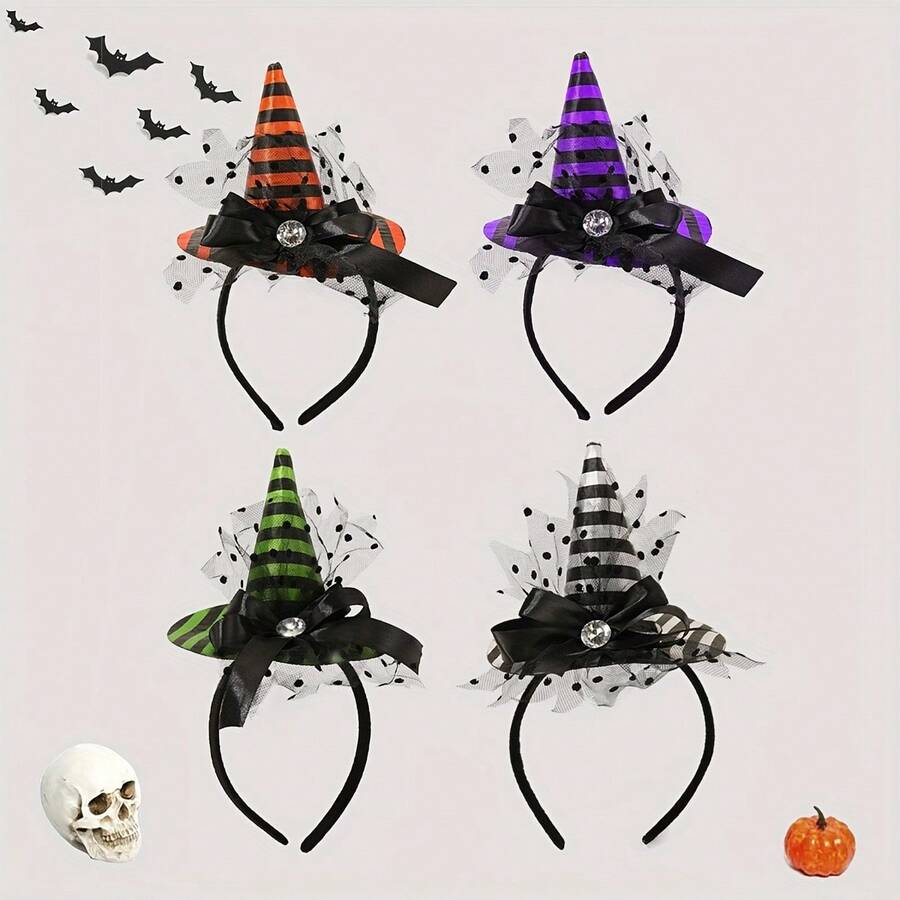 1pc Halloween Theme Black Polka Dot Mesh Striped Ribbon Bow, With Diamond-Tipped Witch Hat Headband, Suitable For Party Celebration And Costume Performance - Witch Hat Styles - View 1