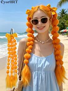 22 Inch Colorful Bubble Ponytail Wig With Bow Hair Accessory, Pink, Purple, Blue, White, Red, Yellow, Green Optional, Crazy Hair Accessory, Suitable For Women Outings, Daily, Holidays, Parties, Christmas, Music Festivals, Carnivals, Halloween - Multicolor - View 14