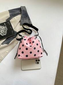 1pc Nylon Solid Color Drawstring Bucket Bag With Plush Pendant Accessory, Fashion Crossbody Shoulder Bag For Women - Pink - View 4