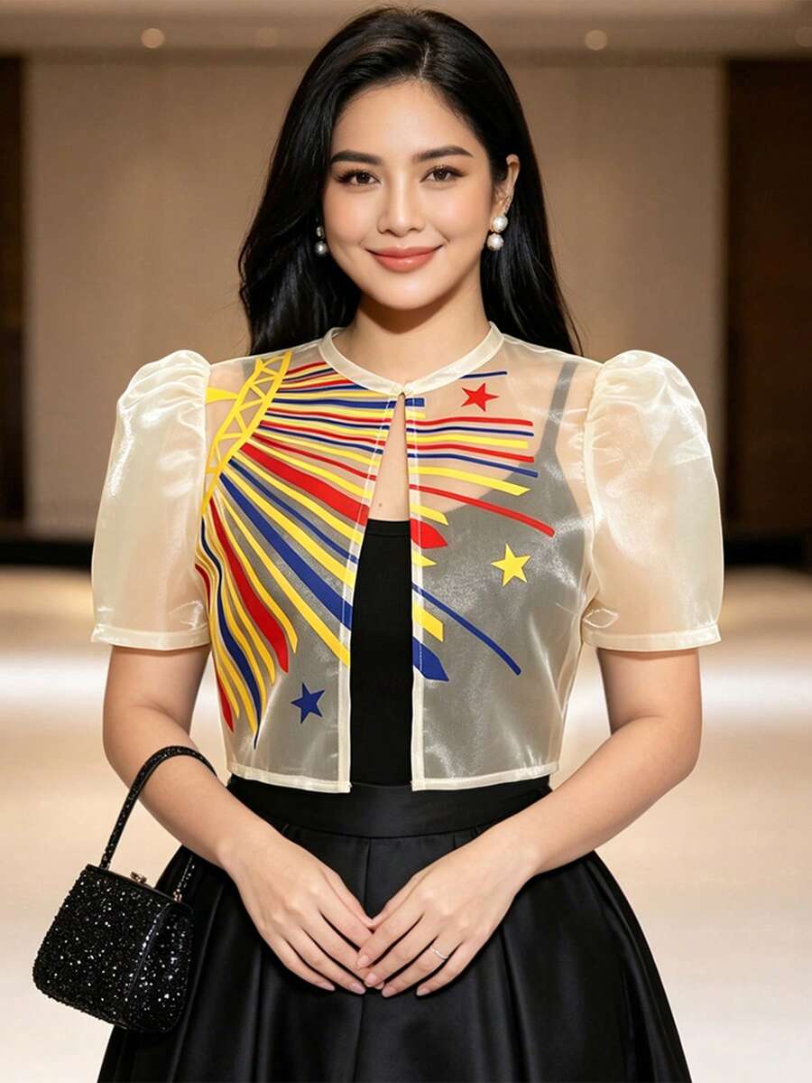 夏季時尚優雅印花泡泡袖短袖開襟衫上衣,女款 Bolero Filipiniana 上衣 - 香檳色 - 查看 1