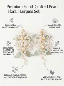 2 piezas Pinza para el cabello con flor de perlas y cuentas, hoja verde con lámina dorada y borla de perlas, pasador lateral estilo francés para novia, boda y mujer, accesorio para el cabello - verde pálido - Ver 2