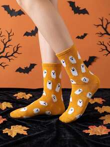 6 pares/4 pares aleatórios/3 pares aleatórios/1 par aleatório de meias de cano médio com estampa fofa de fantasma, meias divertidas e excêntricas para casal, adequadas para fantasias de Halloween - Multicolorido - Visão 11