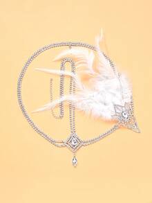 1pc 1920s Flapper White Feather Forehead Headband With Rhombus Rhinestone Water Drop Pendant, Gatsby Women's Evening Party Headpiece - Rhinestones - View 8