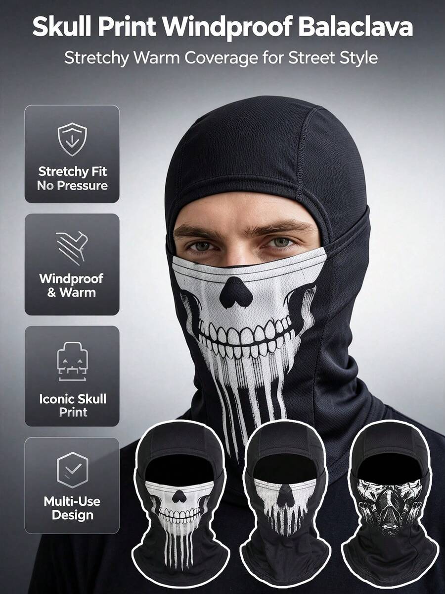 Musion 1/3pcs Gothic Skull Pattern Street Style Balaclava, Elastic Windproof Casual Full Face Scarf, Soft Comfortable Full Face Mask, Windproof Helmet Liner Headwear, Suitable For Motorcycle Riding, Cycling And Racing Sports - Multicolor - View 1