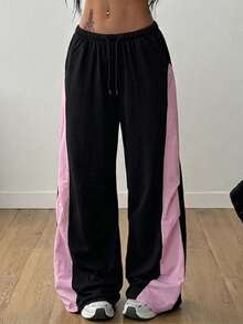 1pc Women's Loose Wide Leg Sports Pants With Pleated Patchwork Contrast Color Design, Fashion For Fitness, Running, Yoga, Training, Commuting And Versatile Occasions - Black - View 5