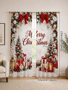 2pcs Christmas Theme Decorative Curtains, Minimalist Luxury European Style Christmas Print Curtains - Red Bow Christmas Tree Christmas Pattern, 100% Polyester Light Filtering Rod Pocket Curtains, Suitable For Living Room And Bedroom, Rod Not Included, Living Room Christmas Curtains, Holiday Window Decor - Multicolor - View 15