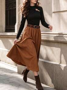 Elegaris Women Fall Faux Suede Midi Skirt Elastic High Waist Pleated A‑Line Flowy Swing Skirt, Belt Not Included - Burnt Orange - View 9