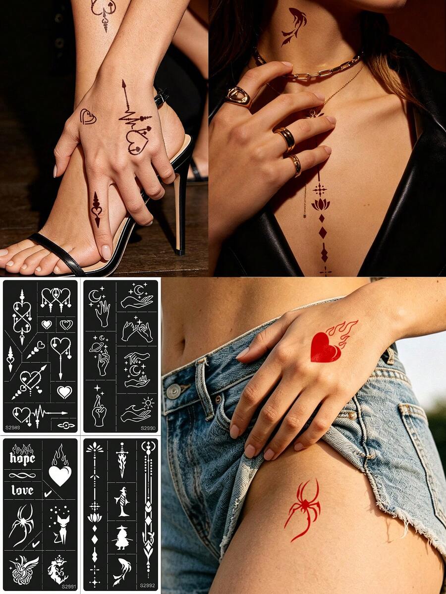 4pcs Ins Minimalist Tattoo Templates, Simple Heart, Star, Moon, Chinese Style Animal Tattoo Sticker Templates, Reusable Tattoo Tools, Suitable For Commute, Casual, Bohemian And Other Styles