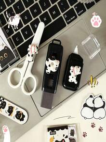 1 Set Black Cat Themed Stationery Set: Ballpoint Pen + Scissors + Correction Tape + Eraser + Sticky Notes, Cute Ins Style Student Stationery Gift Box, Back To School Essential, Stationery Gift Set, Adorable Cartoon Stationery Set - Sets - View 8