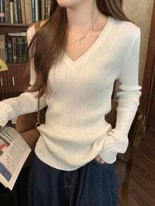 女款春季修身V領羅紋針織打底上衣，長袖百搭顯瘦休閒襯衫 - 杏色 - 查看 8